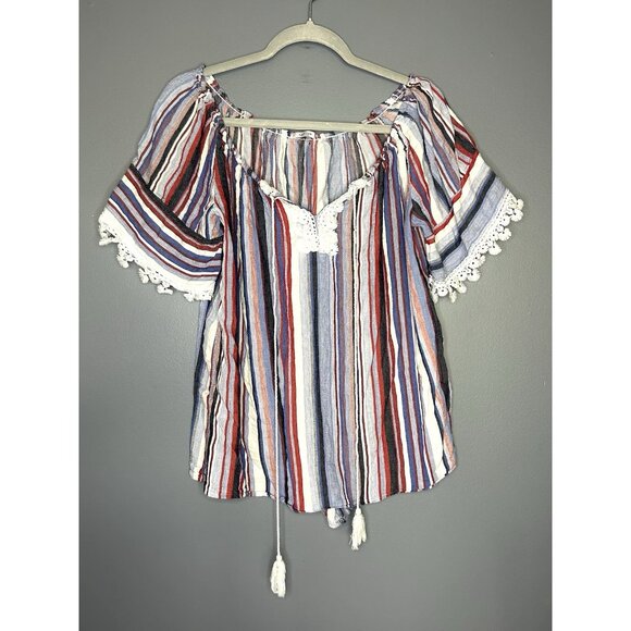 Florence Florencia Striped Boho 100% Linen Top Womens M Off Shoulder Tomato Girl - Picture 7 of 12